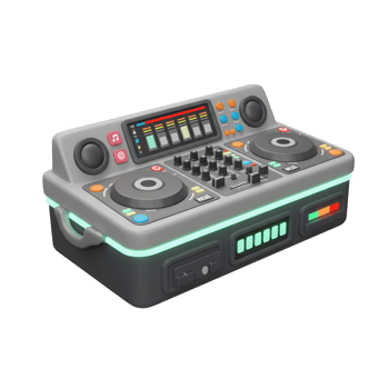 This stylized DJ mixer features knobs, sliders, and illuminated indicators, perfect for creating electronic music. png