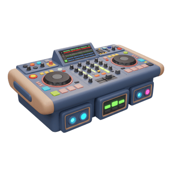 This 3D render features an electronic music mixer with knobs, buttons, and lights, designed to create beats. png