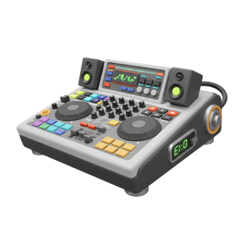 A close-up image shows a DJ mixer with colorful buttons, turntables, small speakers, and a screen displaying a sound wave for creating music. png
