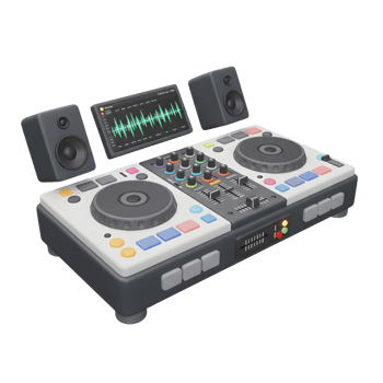 A dj controller features a screen, speakers, knobs, and buttons for creating music and playing audio. png