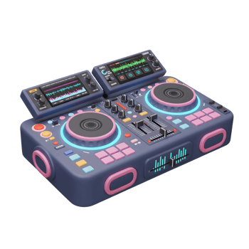 This is a stylized DJ mixer featuring turntables, equalizers, and screens, designed for mixing and creating music. png