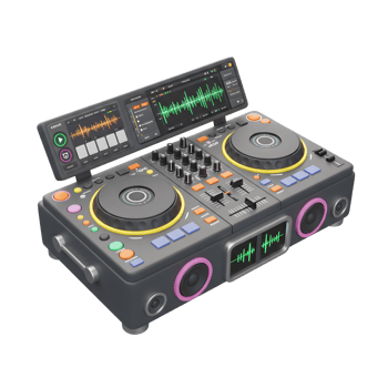 A digital DJ mixer features turntables, sliders, knobs, buttons, speakers, and display screens used to produce music. png