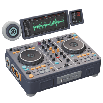 A DJ mixer with screens, knobs, buttons, and a speaker allows for music production and performance. png