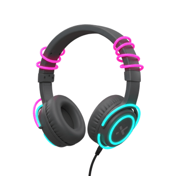 A gray headphones is decorated with pink spirals and neon lights, being used for audio listening. png