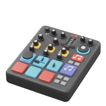 This is an audio mixer with colorful buttons, knobs, and a slider for controlling sound levels and creating music compositions. png
