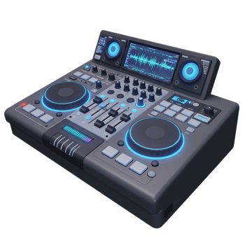 A gray DJ mixer controller with glowing blue accents features turntables, sliders, knobs, buttons, and a screen for mixing music and performing live sets. png