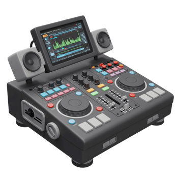 A gray DJ mixer is shown with a screen displaying audio waveforms, side speakers, and various buttons, sliders, and knobs for controlling music mixing and playback. png