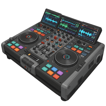 A DJ controller featuring screens, faders, knobs, and pads can be used to mix and manipulate audio files for live performances. png