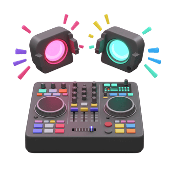 A DJ mixer with two speakers, lights emitting from the speakers, suggests entertainment and professional audio setup for music performance. png