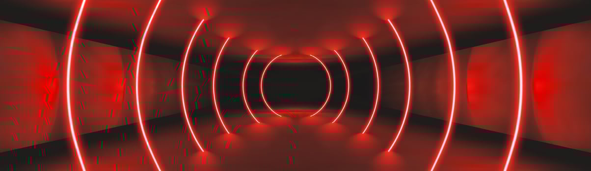 Red neon casino background. Red light neon tunnel. Led line laser stage 3d bg. Dark party room with black podium perspective. Geometric glow tech tunnel. Club gamer design with energy effect. vector