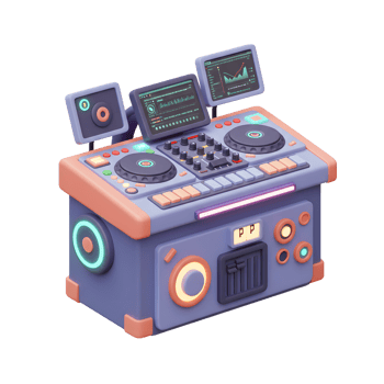 A stylized dj console with multiple screens, knobs, and a turntable helps a professional in music production. png