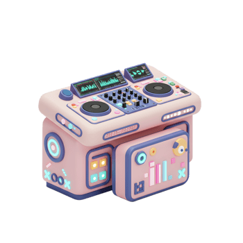 A cartoonish pink and blue DJ mixer with screens and knobs creates a playful and futuristic vibe for music creation. png