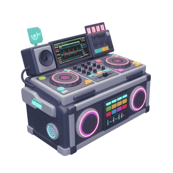 Cartoon DJ mixer features turntables, screen, buttons, knobs, speaker and vibrant colors, ideal for creating energetic music and entertainment. png