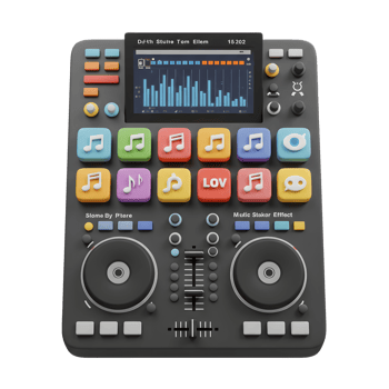 A black DJ controller with colorful buttons, mixer knobs, a display showing music levels, and turntable circles is used for mixing music and creating unique sounds. png