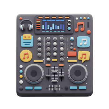 This DJ mixer features an equalizer, buttons, faders, turntables, and headphones, making it ideal for professional music production and performance. png