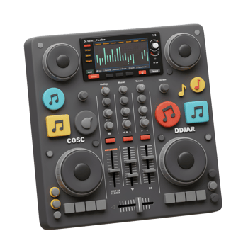 A black DJ controller with various knobs, buttons, sliders and music note decorations is shown in this image, which can be used to create mixes and manipulate sounds. png