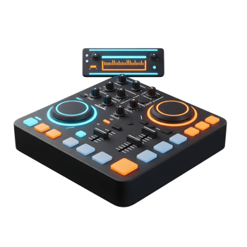 A DJ controller with an audio meter is used to create music by mixing sound. png