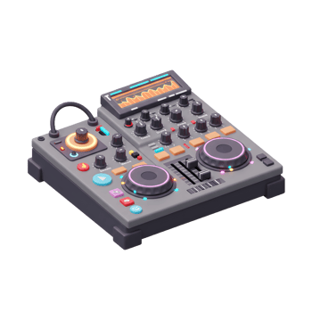 This is a stylized, digital rendering of a grey DJ mixer equipped with two jog wheels, multiple knobs, sliders, and a waveform display, suitable for creating music. png