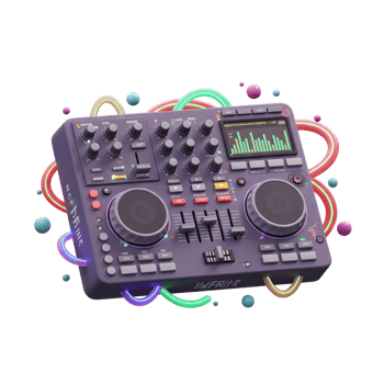 A detailed 3D render of a purple DJ mixer is surrounded by colorful tubes and spheres, illustrating modern music equipment for creative mixing. png
