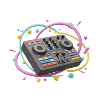 A gray DJ mixer is surrounded by colorful shapes in a fun, modern composition, ideal for creative music projects or digital art. png