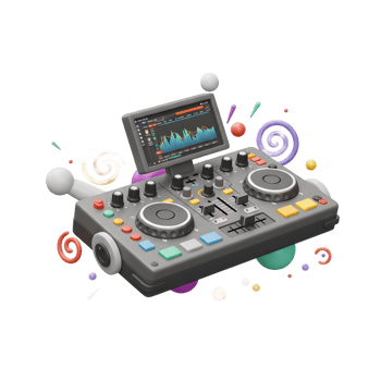 A 3D rendering shows a DJ controller with a screen displaying audio waves, surrounded by colorful swirls and geometric shapes for creative music production. png