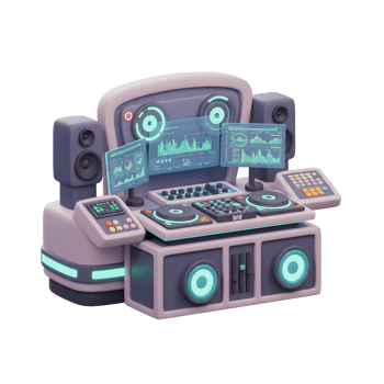 A stylized music mixing console features various monitors, speakers, and controls for audio production and DJing. png