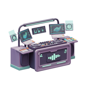 A futuristic DJ station features monitors displaying charts, keyboard, turntable, and equalizer for music mixing and live performances. png