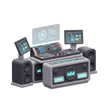 A 3D render of DJ equipment featuring mixer, monitor, and speaker creates a futuristic, technological vibe, ideal for digital music production. png
