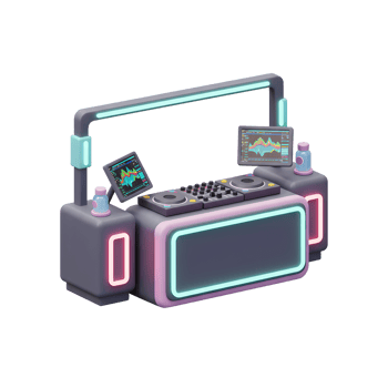 Modern dj equipment is displayed on a sleek, illuminated counter, creating a vibrant and futuristic setup perfect for electronic music performances. png