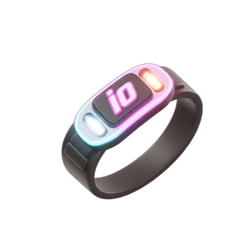 A dark bracelet with glowing colorful edges displays neon lettering and lights and can be used as a fashionable accessory. png