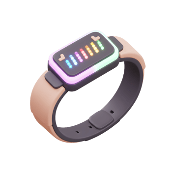 A modern smartwatch with a colorful pixelated display and rounded design is shown for everyday timekeeping and information access. png