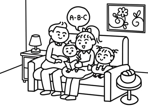 Family teaching their son reading coloring pages style. vector