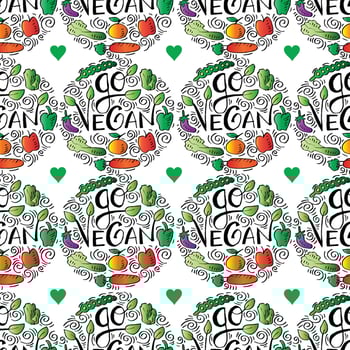 Seamless pattern with hand drawn vegetables and lettering go vegan . vector