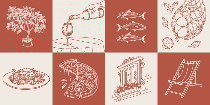 Collection of hand drawn posters with Italian food and summer elements. Pasta, seafood, pizza, lemons and wine. Mediterranean set. Sketch illustration. vector