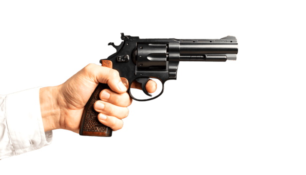 Black revolver repeating handgun in man's hand, High quality png