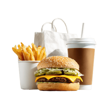 Burger fries and drink combo meal fast food restaurant delivery on transparent background png