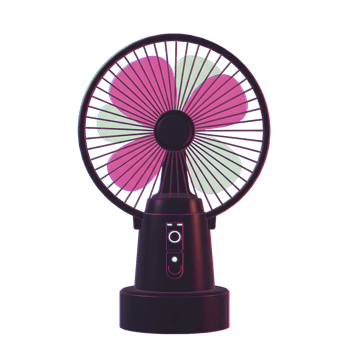 A portable black fan with pink and green blades features multiple speed settings and a sturdy base for personal cooling. png