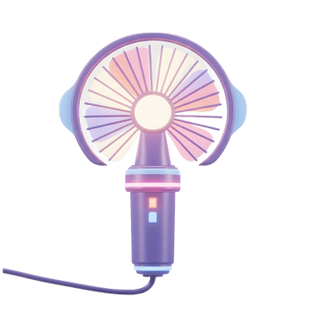 Close-up shot shows a handheld fan with purple body and pastel colored blades, it is used to create a cool breeze. png