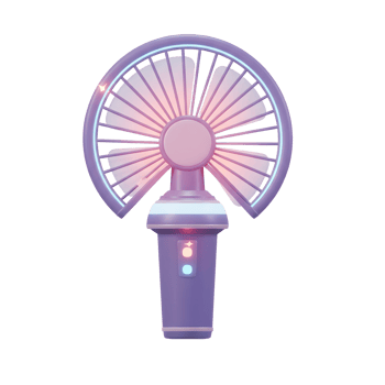 A purple handheld fan with rotating blades provides a cooling breeze in a variety of settings. png