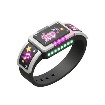 A black wristband is decorated with music notes, stars and digital lights and displays a number, and its purpose is to be worn. png