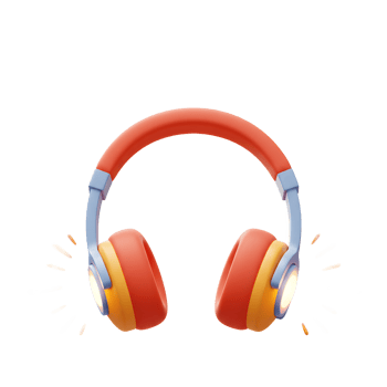 A cartoon orange headphone with blue and yellow accents is depicted with a bright highlight, representing a device used for listening to audio. png