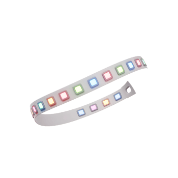 A flexible LED strip light features small, evenly spaced squares emitting a range of colors, designed for accent lighting. png