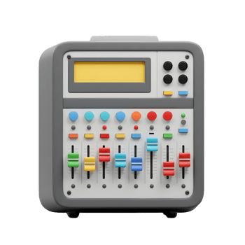 This colorful audio mixer features faders, knobs, and a display screen, ideal for sound engineering and music production. png
