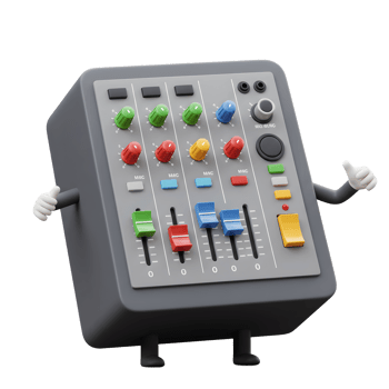 A cartoon audio mixer gives a thumbs up while standing on feet, indicating a positive or successful outcome in sound production or audio engineering. png