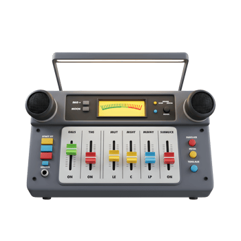 A gray sound mixer with built-in speakers and various colored sliders is showcased in a studio setting, ideal for audio mixing tasks. png