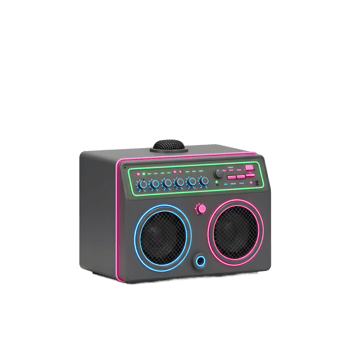 A black rectangular speaker is trimmed with neon lights and has a built-in microphone for playing music. png
