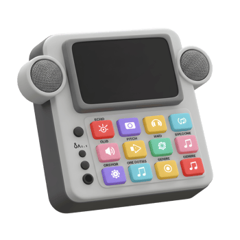This gray portable music player features colorful buttons, a screen, and dual speakers, perfect for kids or anyone who loves retro tech. png