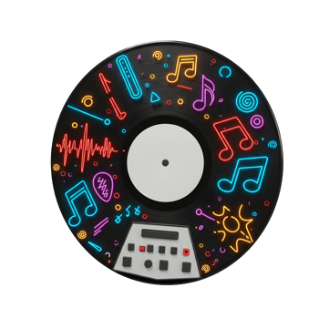 Colorful neon music notes and an equalizer are shown on a black vinyl record to be used as a background image or graphic design element. png