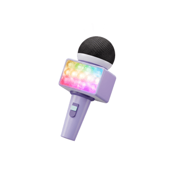 A playful purple toy microphone features rainbow colored lights and musical notes, perfect for children's karaoke and pretend play. png