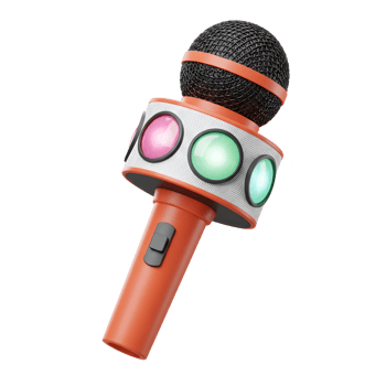 A colorful toy microphone floats against a white background with music notes and multiple light-up buttons for karaoke fun. png